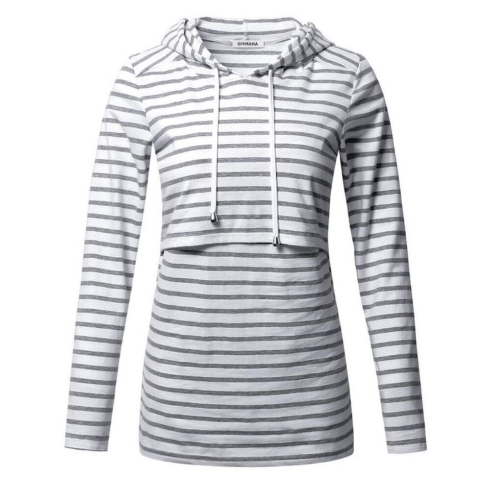 Ginkana Gray/White Striped Long Sleeve Hooded Cotton Breastfeeding Shirt Size XL